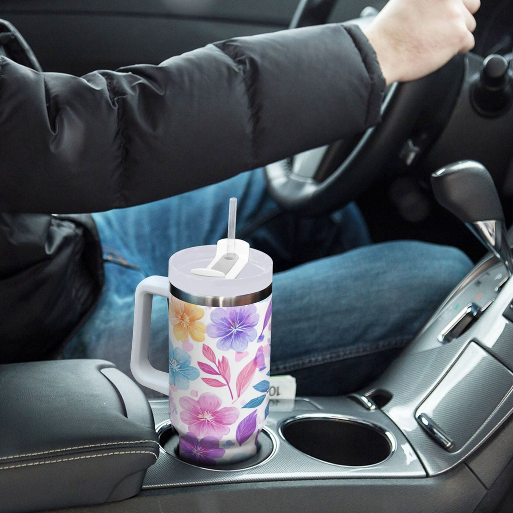 30 oz Insulated Stainless Steel Tumbler Double Wall Stainless Steel Tumbler with 2-Way Drinking Pink and Purple Flowers | 7GQZ