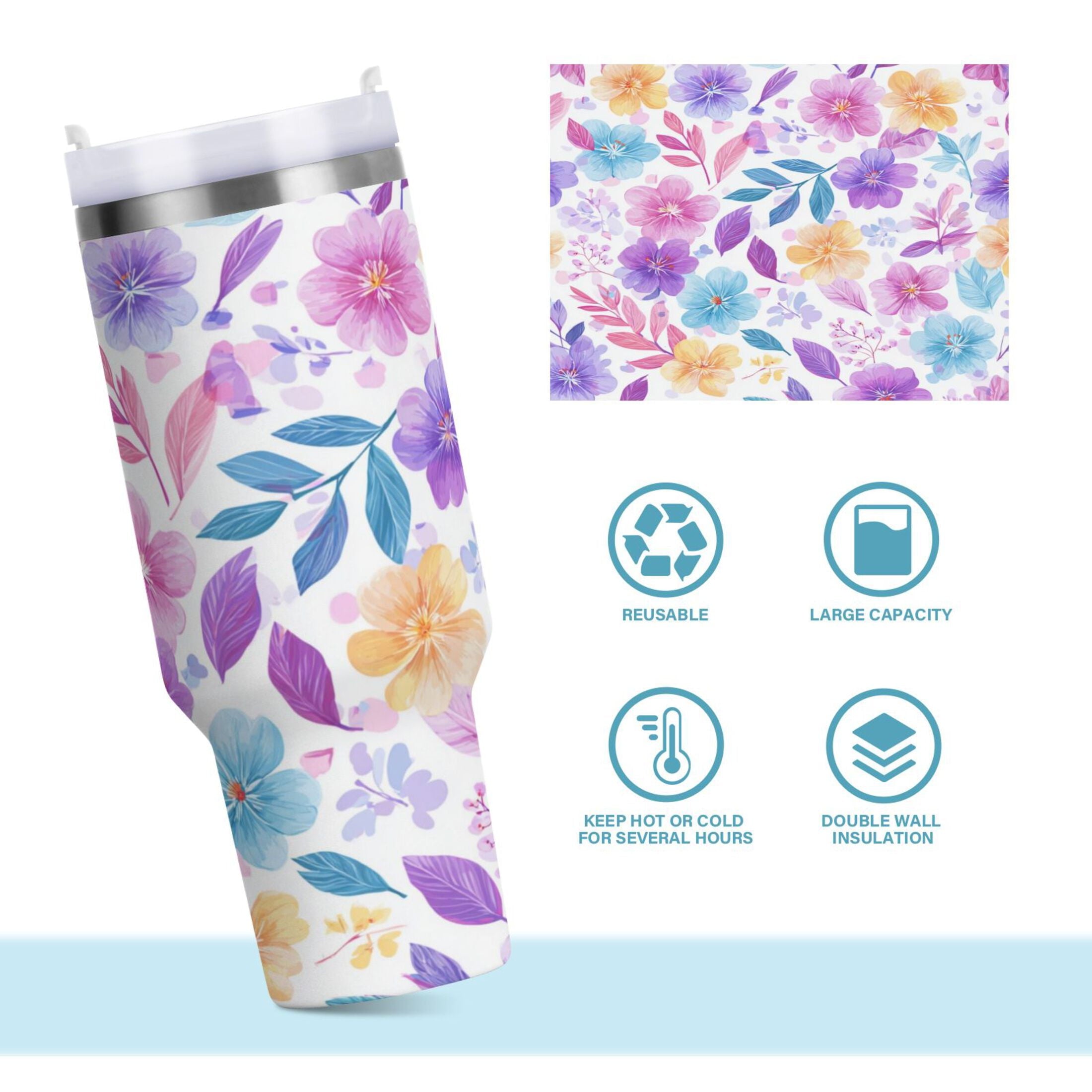 30 oz Insulated Stainless Steel Tumbler Double Wall Stainless Steel Tumbler with 2-Way Drinking Pink and Purple Flowers | 7GQZ