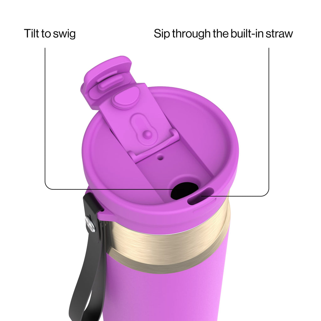 Contigo DualSip Leakproof Stainless Steel Reusable Water Bottle Tumbler with Carrying Strap, Cream/Champagne, 24 oz | 5QUC