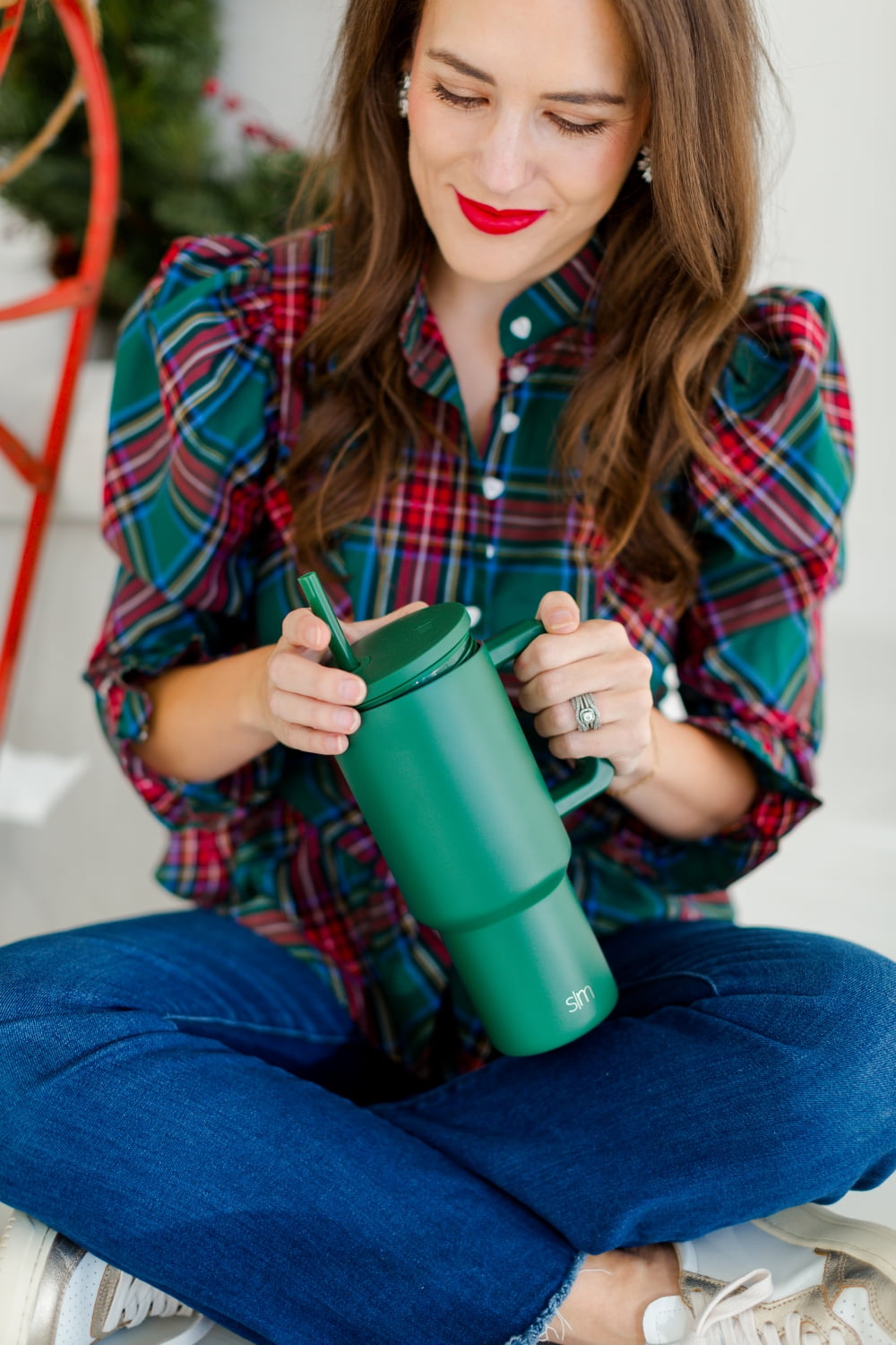 Simple Modern 30 fl oz Insulated Stainless Steel Trek Tumbler with Straw Lid | Seaglass Sage and Cream Checkmate | P40Y