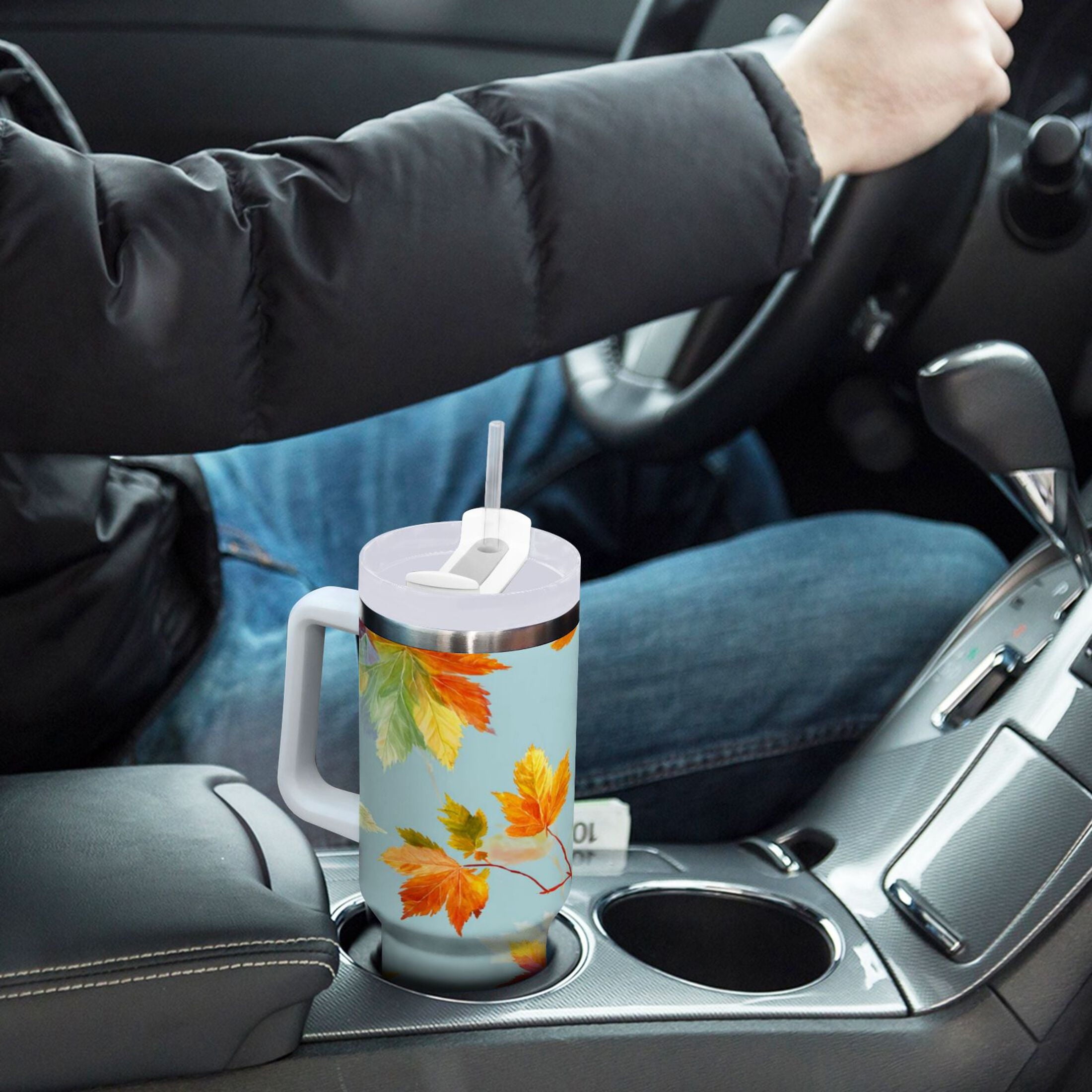 30 oz Insulated Stainless Steel Tumbler Double Wall Stainless Steel Tumbler with 2-Way Drinking Colorful Autumn Maple Leaves | E9N7