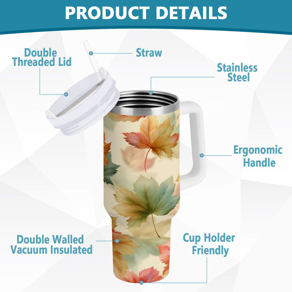 40 oz Insulated Stainless Steel Tumbler Double Wall Stainless Steel Tumbler with 2-Way Drinking Watercolor Maple Leaves Pattern | YGNH