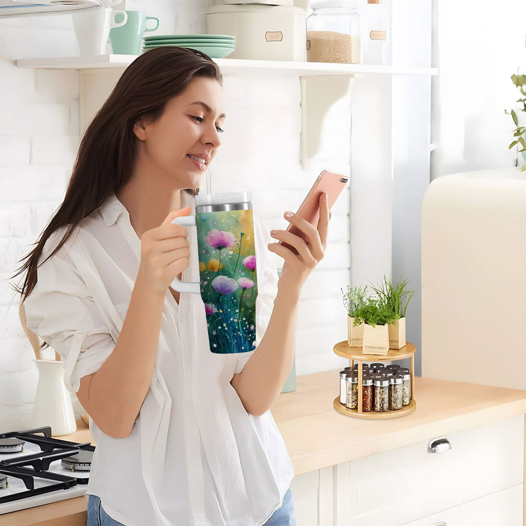 30 oz Insulated Stainless Steel Tumbler Double Wall Stainless Steel Tumbler with 2-Way Drinking Watercolor Wildflowers | 6ZHM