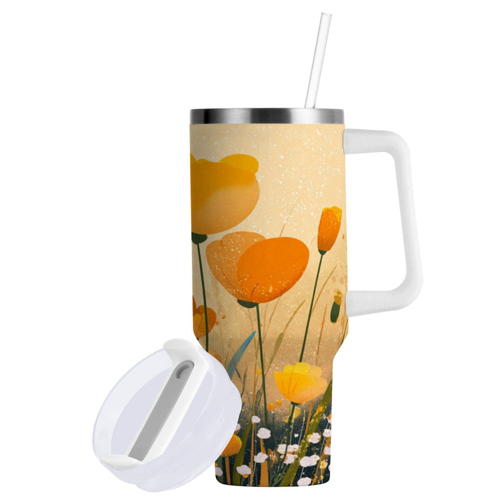 30 oz Insulated Stainless Steel Tumbler Double Wall Stainless Steel Tumbler with 2-Way Drinking Yellow Flowers on The Grass | XOAL