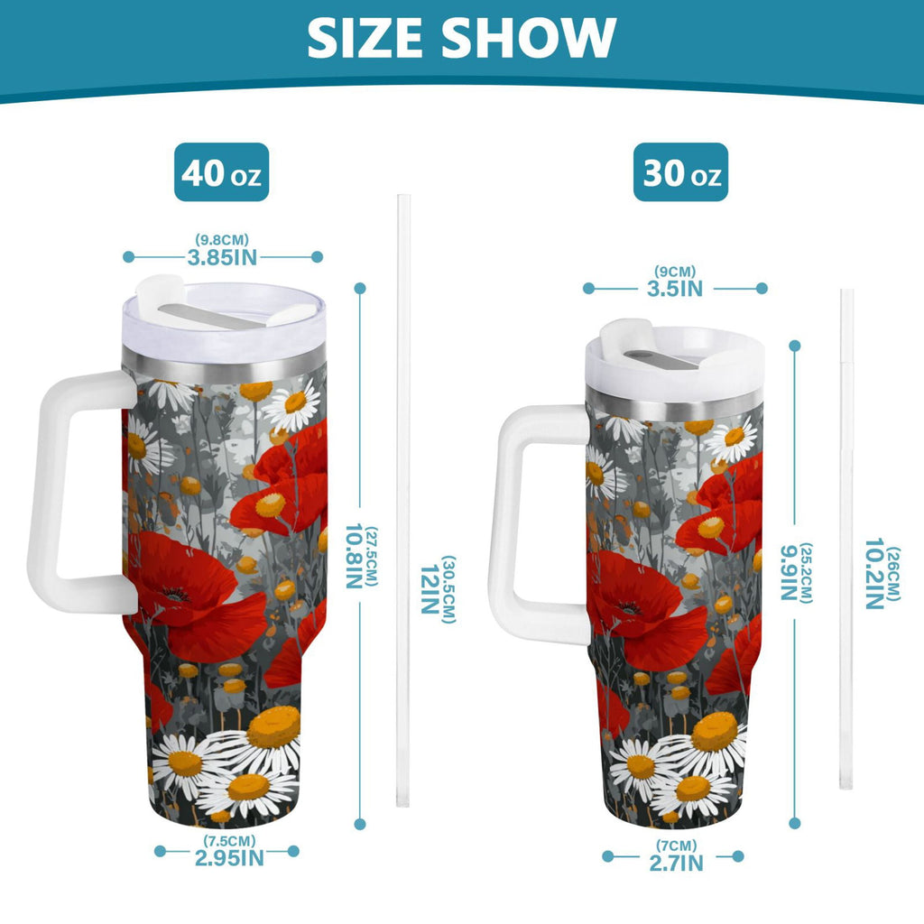 40 oz Insulated Stainless Steel Tumbler Double Wall Stainless Steel Tumbler with 2-Way Drinking Red Flowers and Daisies | TCBC
