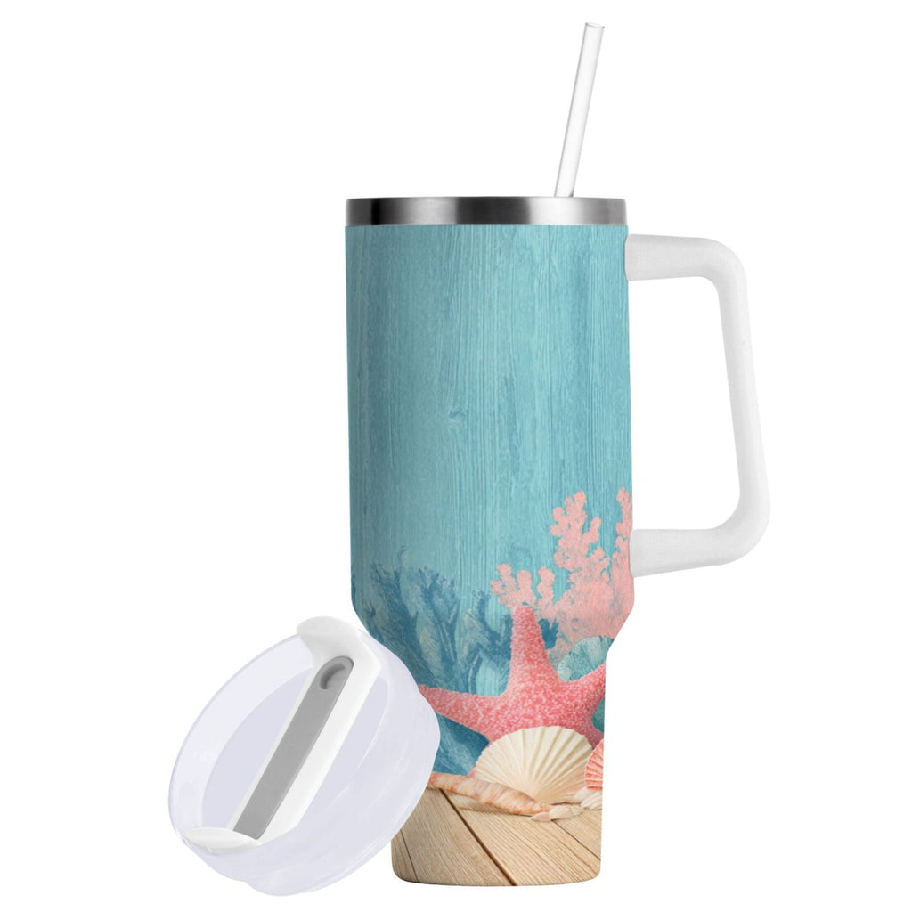 40 oz Insulated Stainless Steel Tumbler Double Wall Stainless Steel Tumbler with 2-Way Drinking Colorful Starfish and Seashells | V9JE
