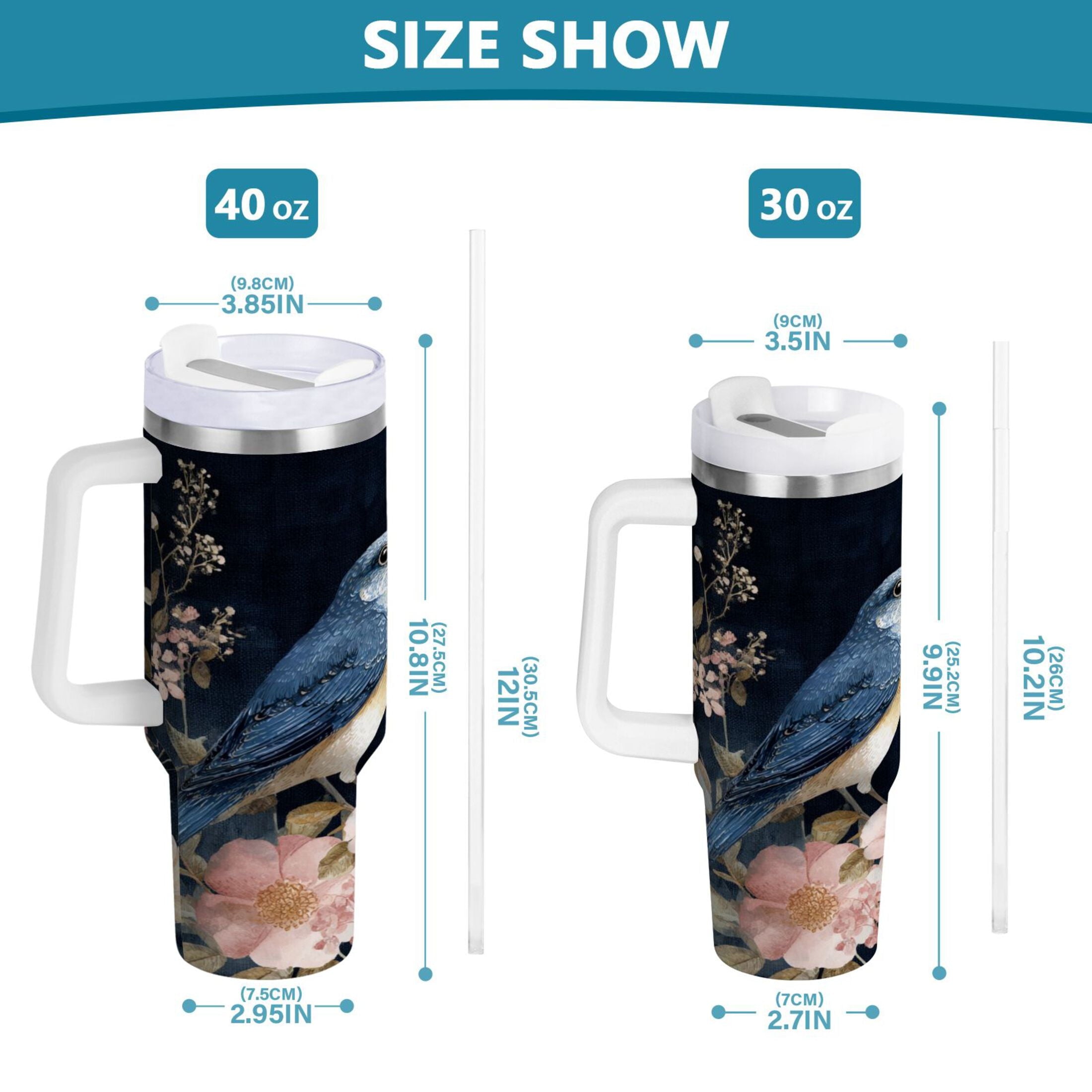 30 oz Insulated Stainless Steel Tumbler Double Wall Stainless Steel Tumbler with 2-Way Drinking Watercolor Vintage Blue Bird | 4HBV
