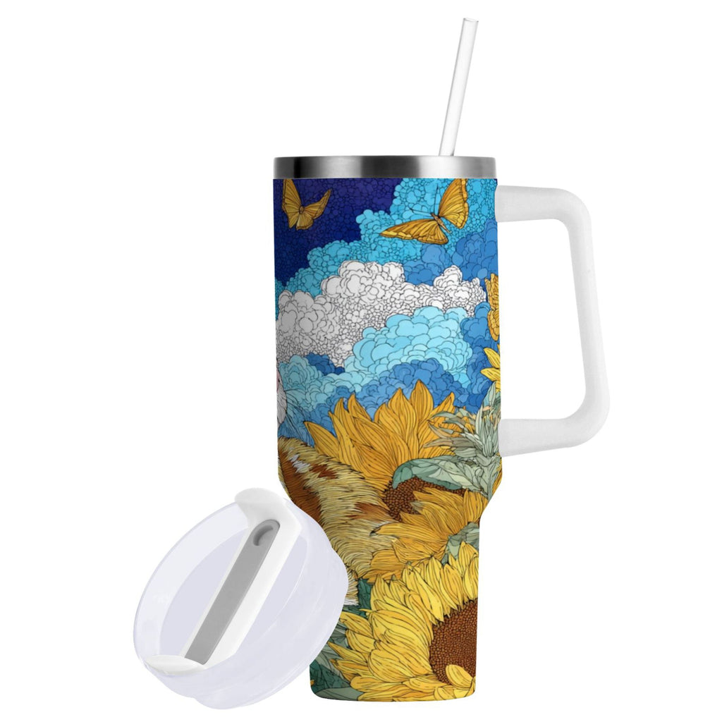 40 oz Insulated Stainless Steel Tumbler Double Wall Stainless Steel Tumbler with 2-Way Drinking Cat Lies in The Sunflowers | 60YE
