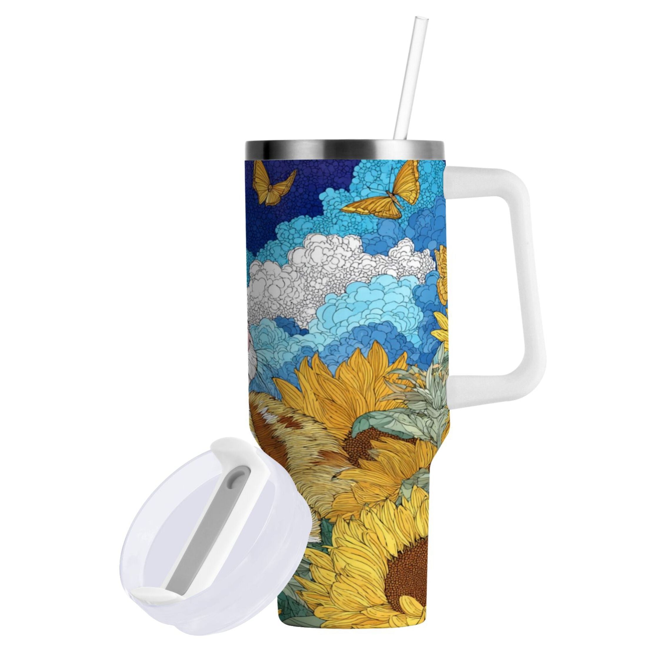40 oz Insulated Stainless Steel Tumbler Double Wall Stainless Steel Tumbler with 2-Way Drinking Cat Lies in The Sunflowers | 60YE