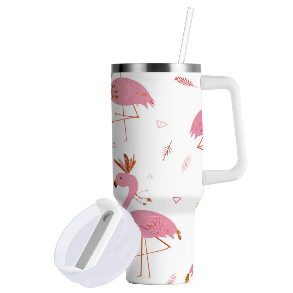 40 oz Insulated Stainless Steel Tumbler Double Wall Stainless Steel Tumbler with 2-Way Drinking Cute Pink Flamingo Pattern | QXF1