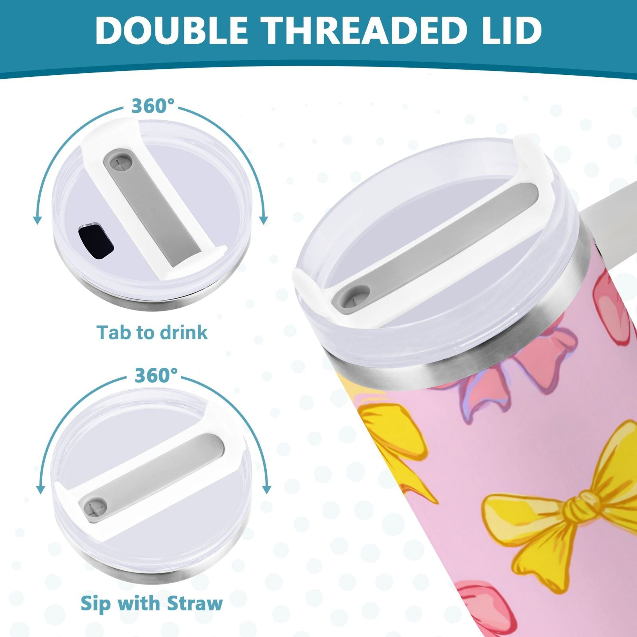 30 oz Insulated Stainless Steel Tumbler Double Wall Stainless Steel Tumbler with 2-Way Drinking Yellow and Pink Bows | I2W4