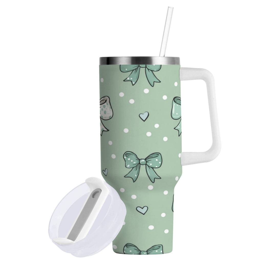 30 oz Insulated Stainless Steel Tumbler Double Wall Stainless Steel Tumbler with 2-Way Drinking Green and Mint Bows | B2SF