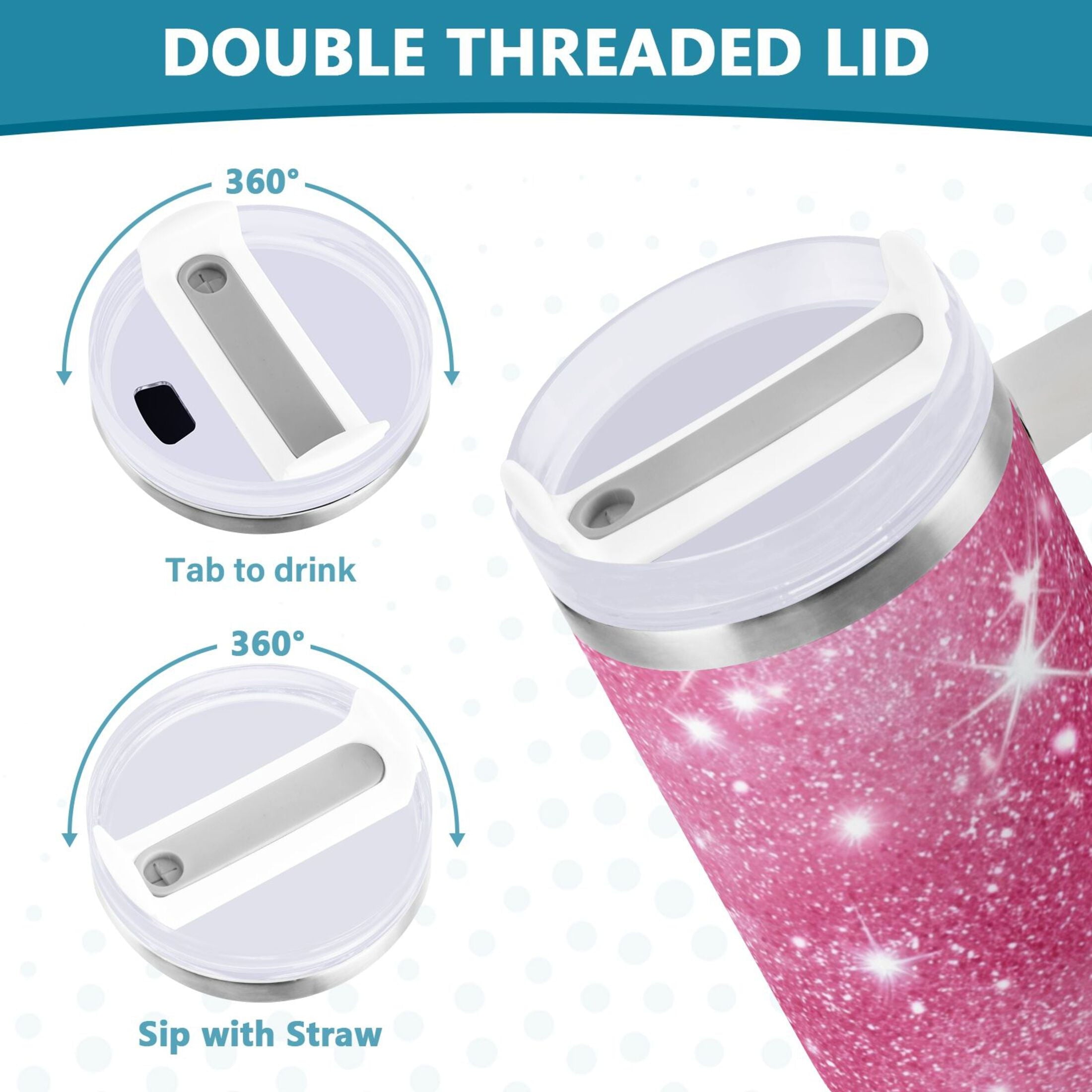 40 oz Insulated Stainless Steel Tumbler Double Wall Stainless Steel Tumbler with 2-Way Drinking Pink Glitter Background | RHVD