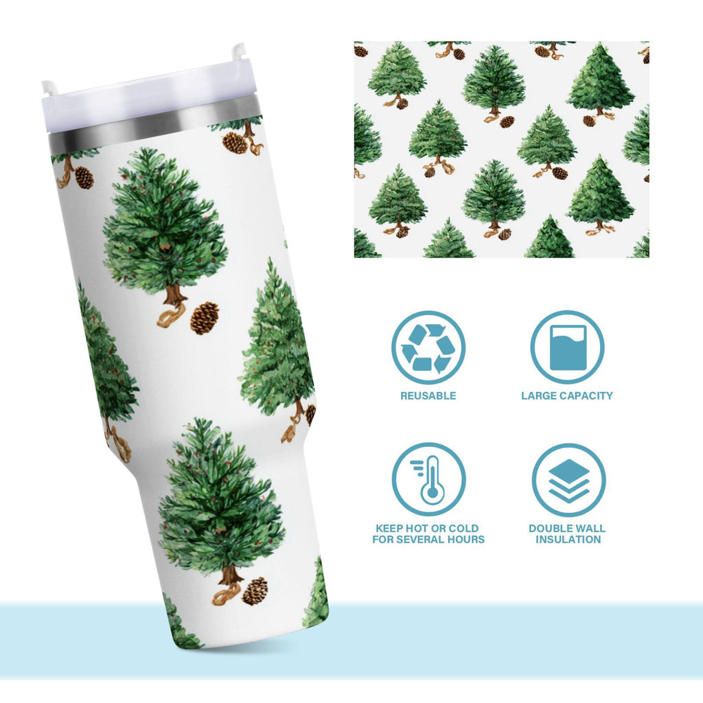 30 oz Insulated Stainless Steel Tumbler Double Wall Stainless Steel Tumbler with 2-Way Drinking Watercolor Green Christmas Tree | DGSA