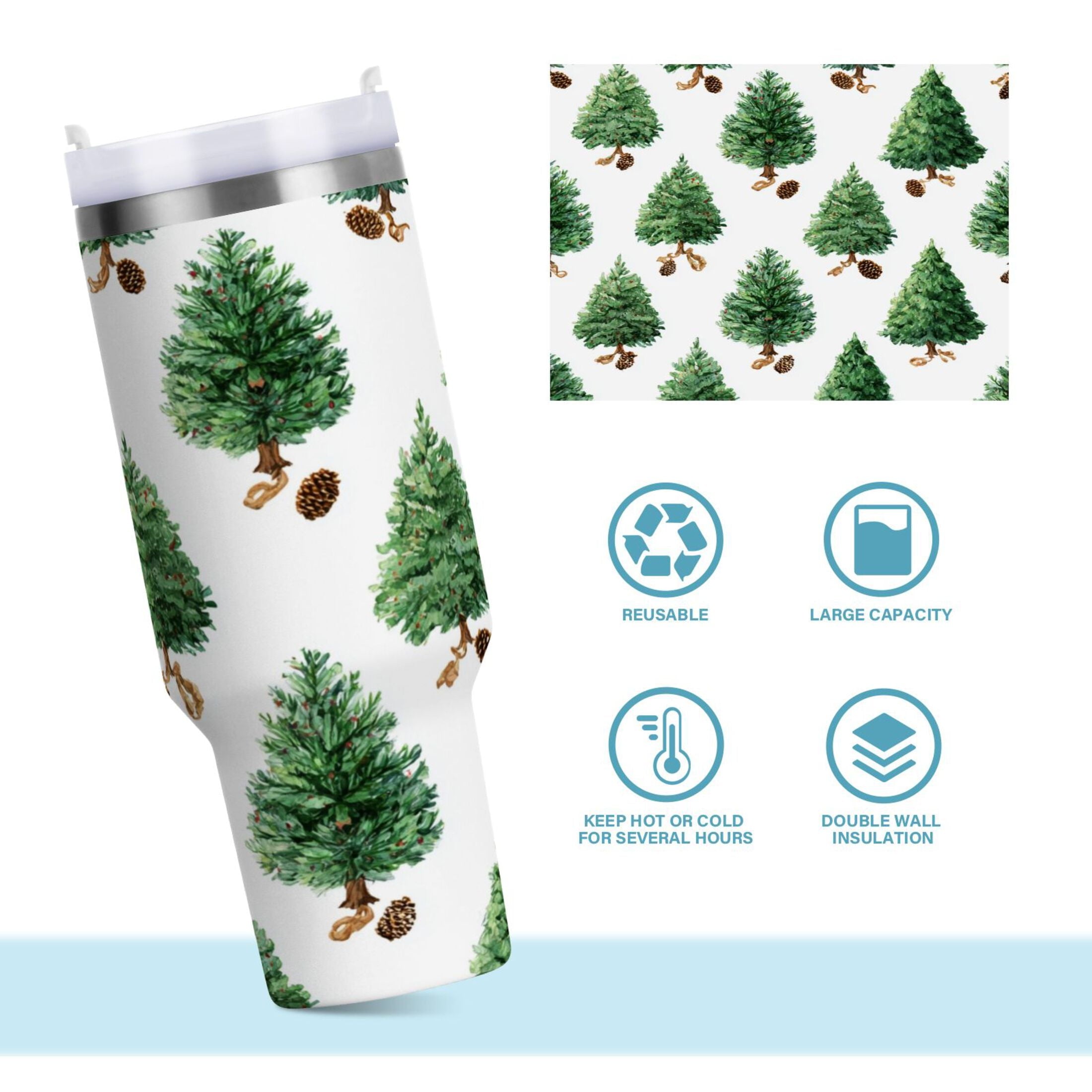 30 oz Insulated Stainless Steel Tumbler Double Wall Stainless Steel Tumbler with 2-Way Drinking Watercolor Green Christmas Tree | DGSA