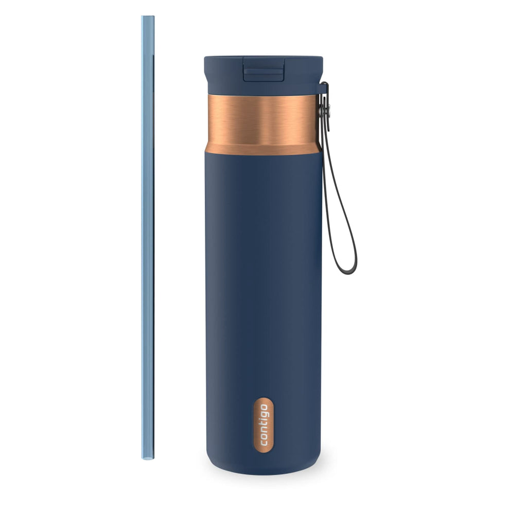 Contigo SnapSeal Leakproof Stainless Steel Reusable Water Bottle with Carrying Strap, Dark Blue/Bronze, 24 oz | S8WG
