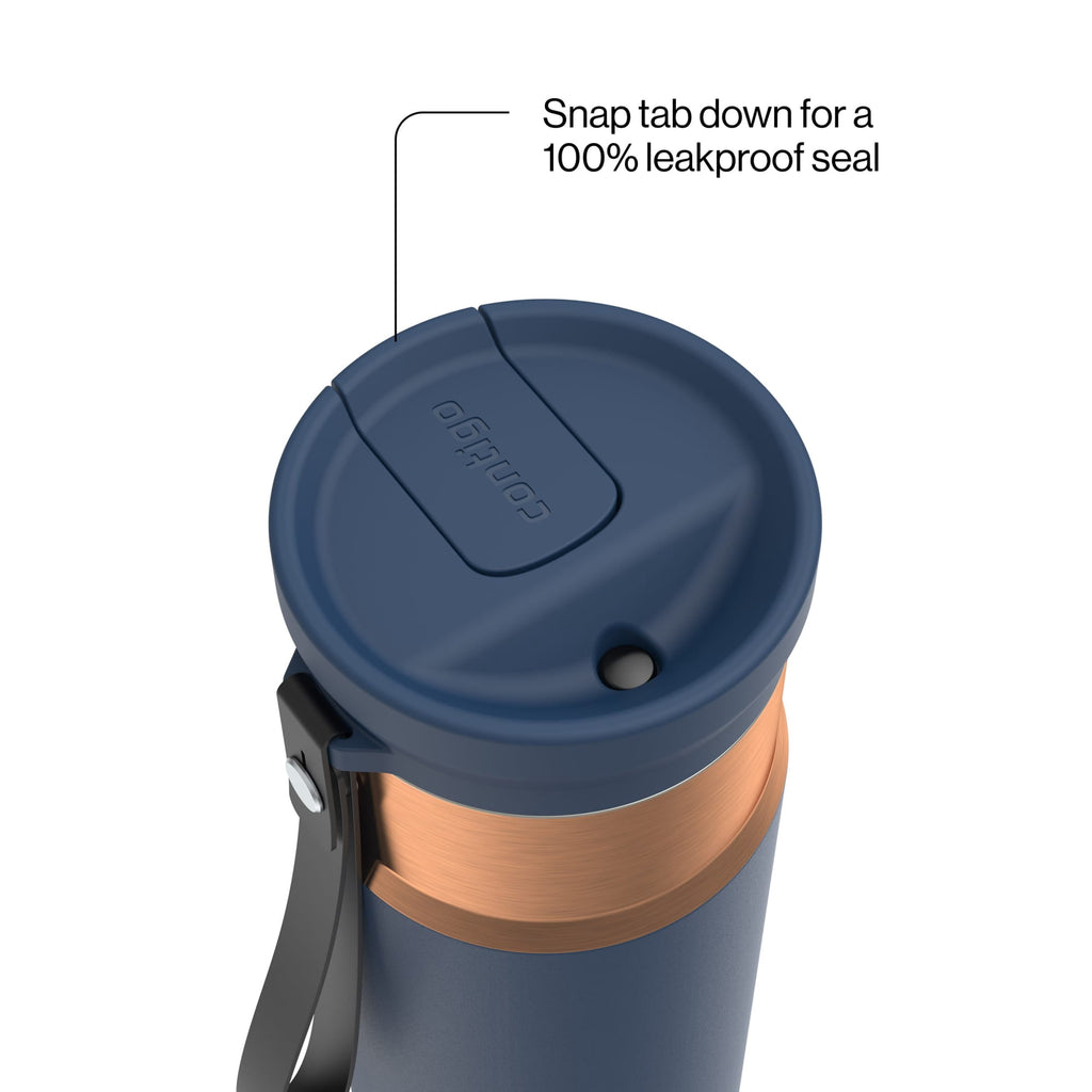 Contigo SnapSeal Leakproof Stainless Steel Reusable Water Bottle with Carrying Strap, Dark Blue/Bronze, 24 oz | S8WG