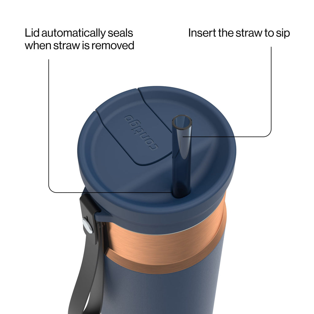 Contigo SnapSeal Leakproof Stainless Steel Reusable Water Bottle with Carrying Strap, Dark Blue/Bronze, 24 oz | S8WG