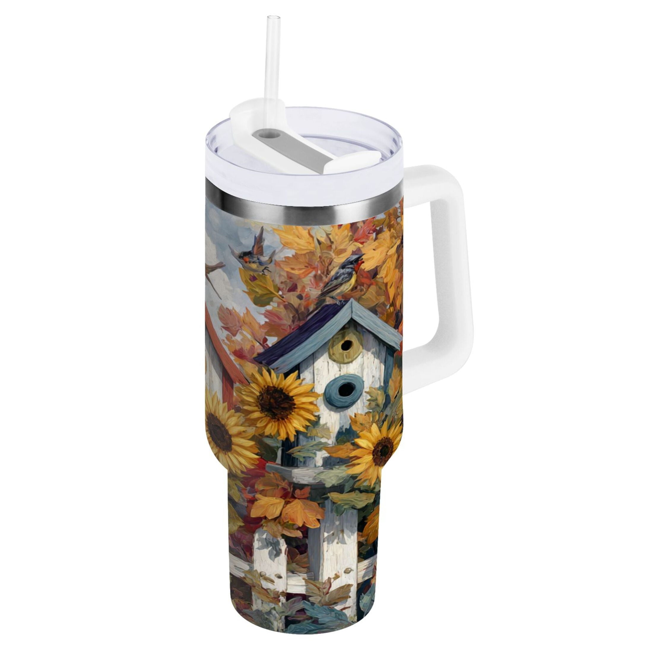 30 oz Insulated Stainless Steel Tumbler Double Wall Stainless Steel Tumbler with 2-Way Drinking Birdhouses with Sunflowers | 0C6G