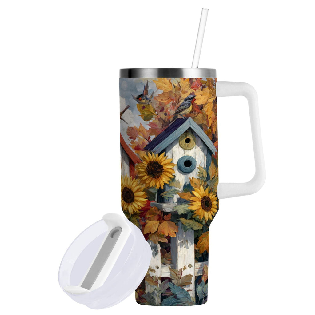 30 oz Insulated Stainless Steel Tumbler Double Wall Stainless Steel Tumbler with 2-Way Drinking Birdhouses with Sunflowers | 0C6G