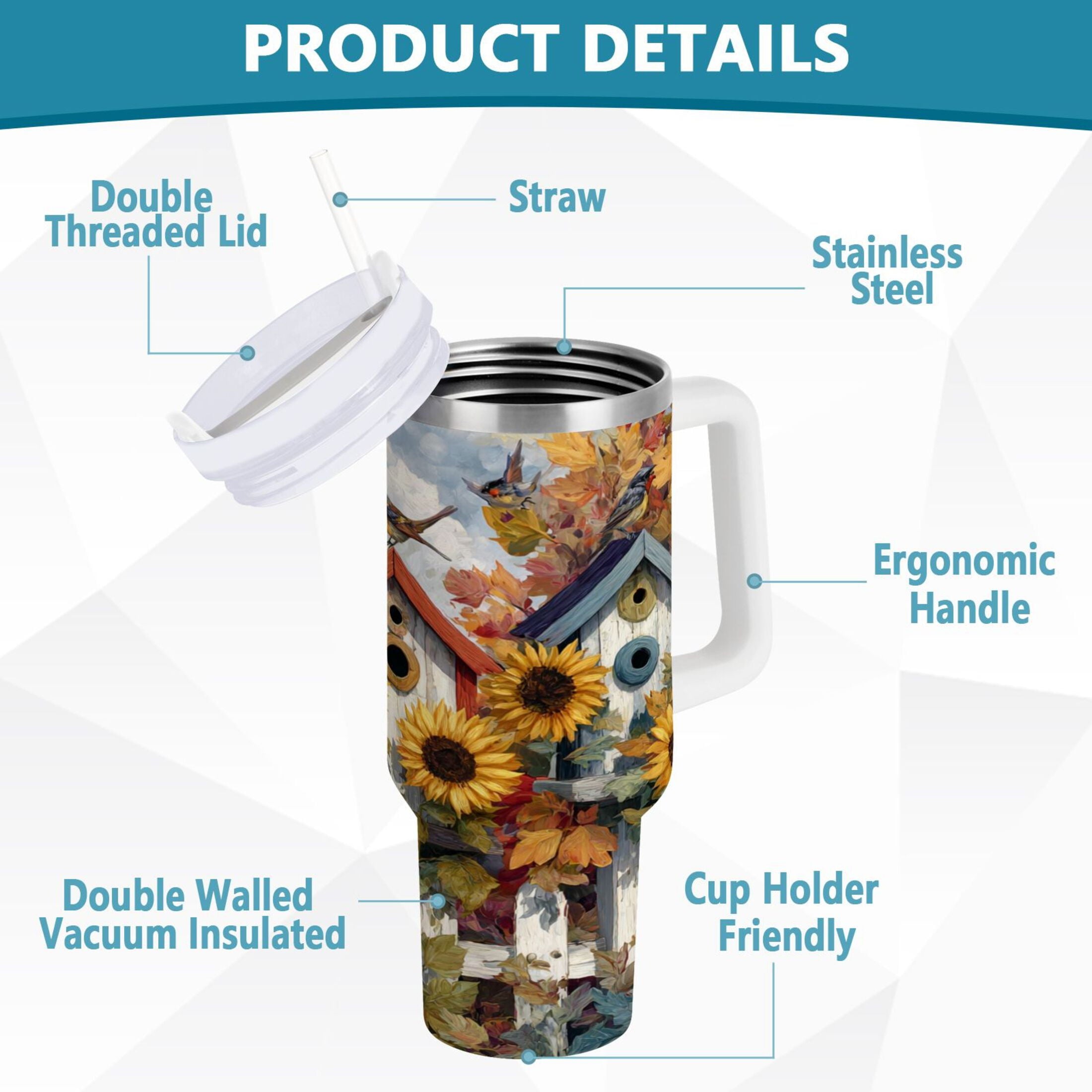 30 oz Insulated Stainless Steel Tumbler Double Wall Stainless Steel Tumbler with 2-Way Drinking Birdhouses with Sunflowers | 0C6G