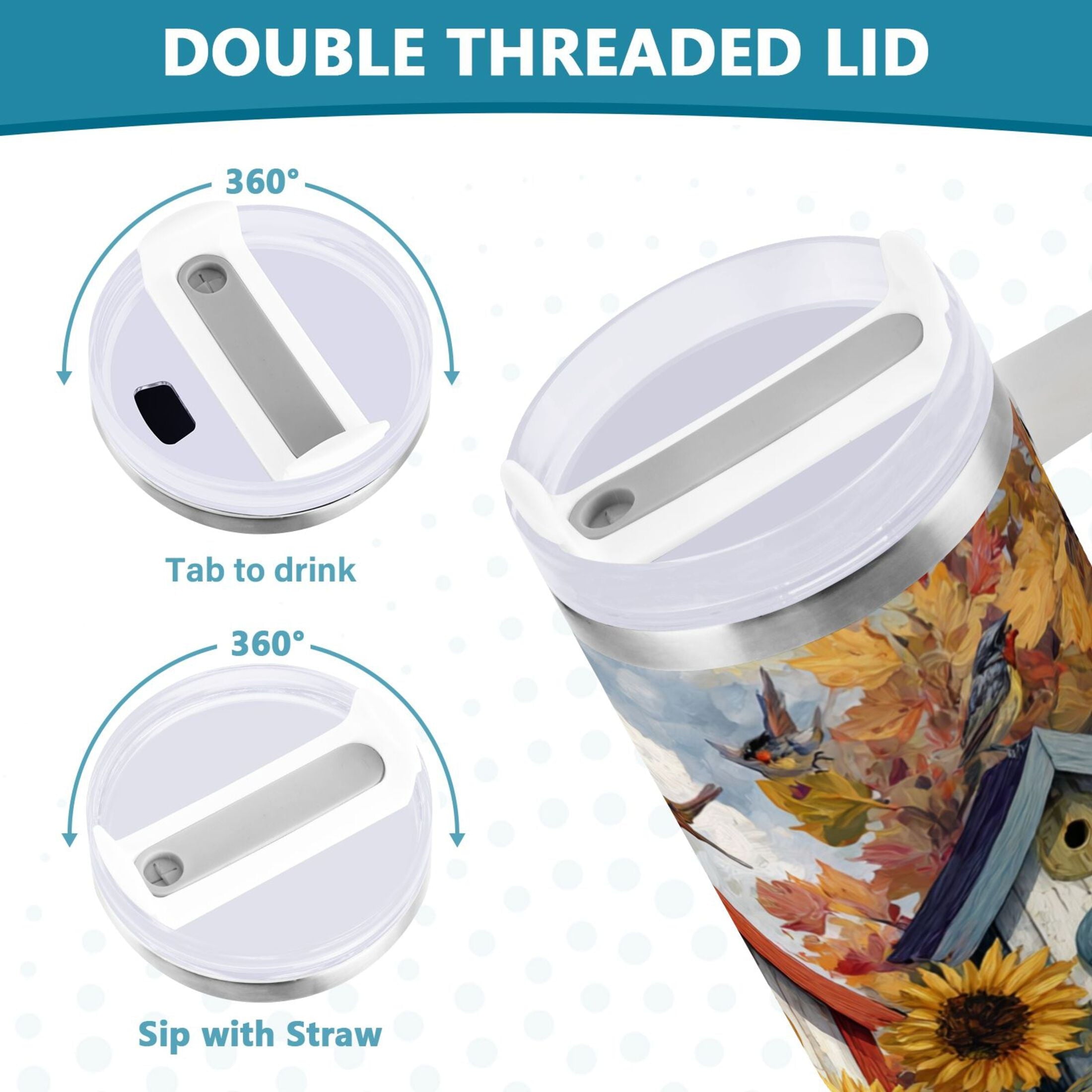 30 oz Insulated Stainless Steel Tumbler Double Wall Stainless Steel Tumbler with 2-Way Drinking Birdhouses with Sunflowers | 0C6G