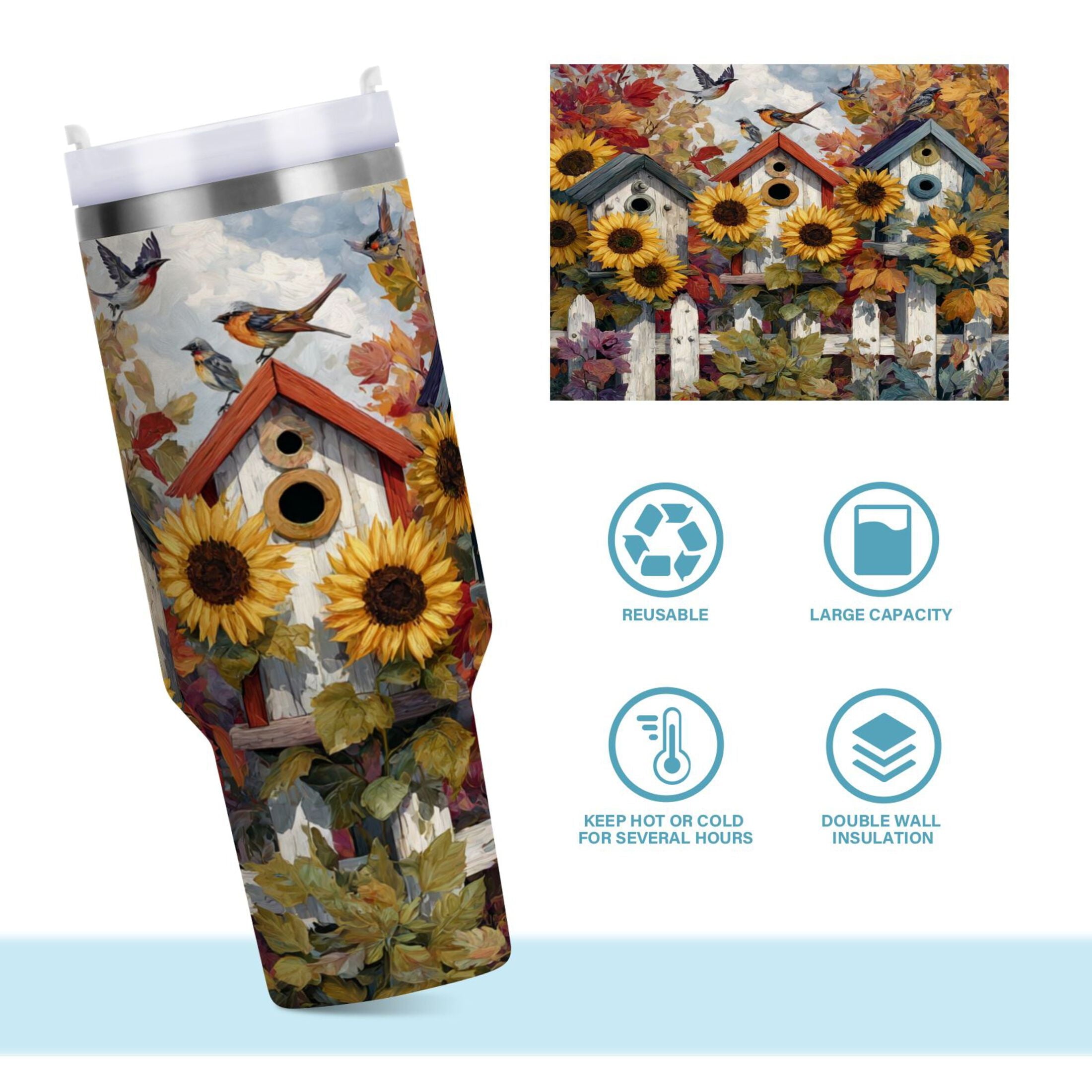 30 oz Insulated Stainless Steel Tumbler Double Wall Stainless Steel Tumbler with 2-Way Drinking Birdhouses with Sunflowers | 0C6G