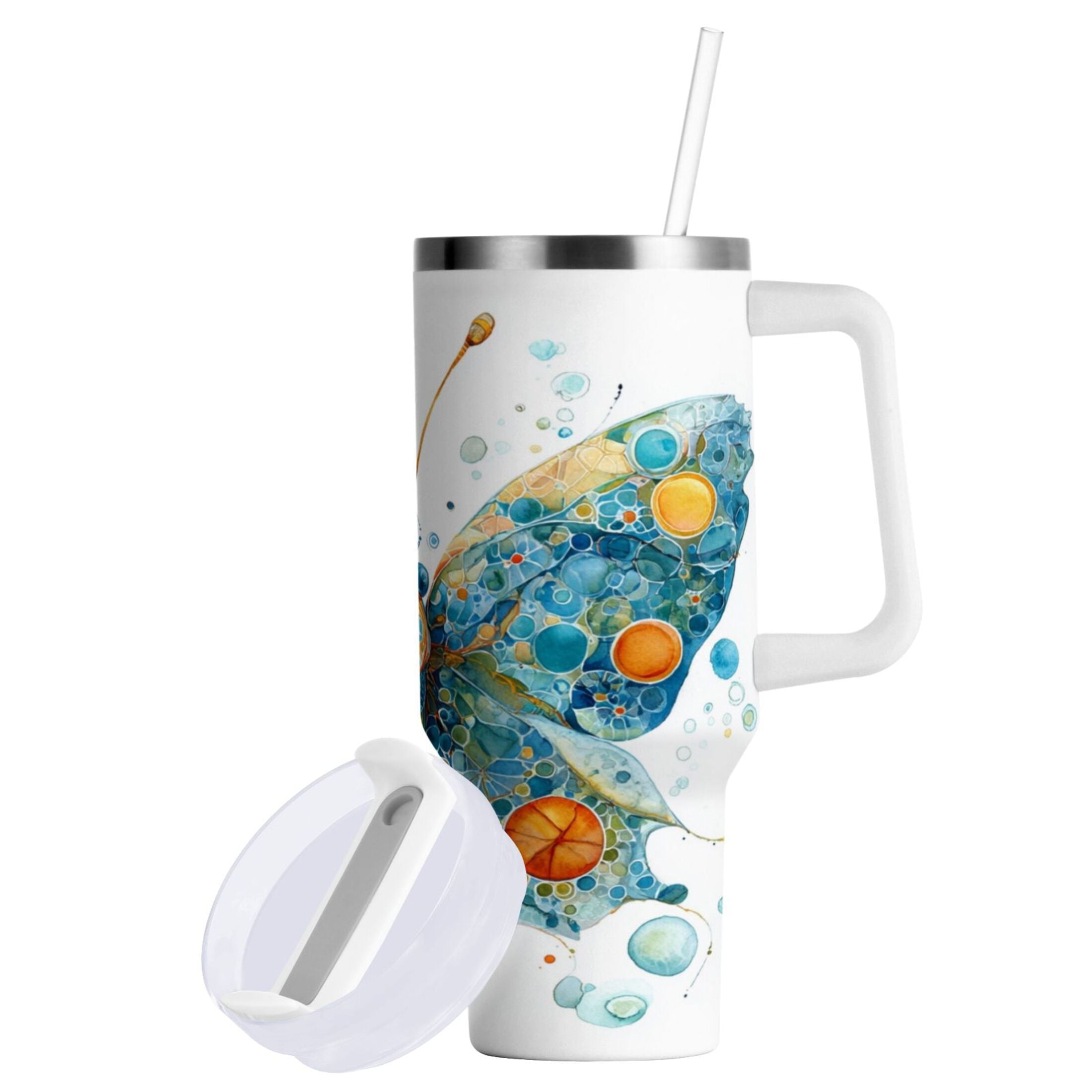 40 oz Insulated Stainless Steel Tumbler Double Wall Stainless Steel Tumbler with 2-Way Drinking Intricately Butterfly | UX83