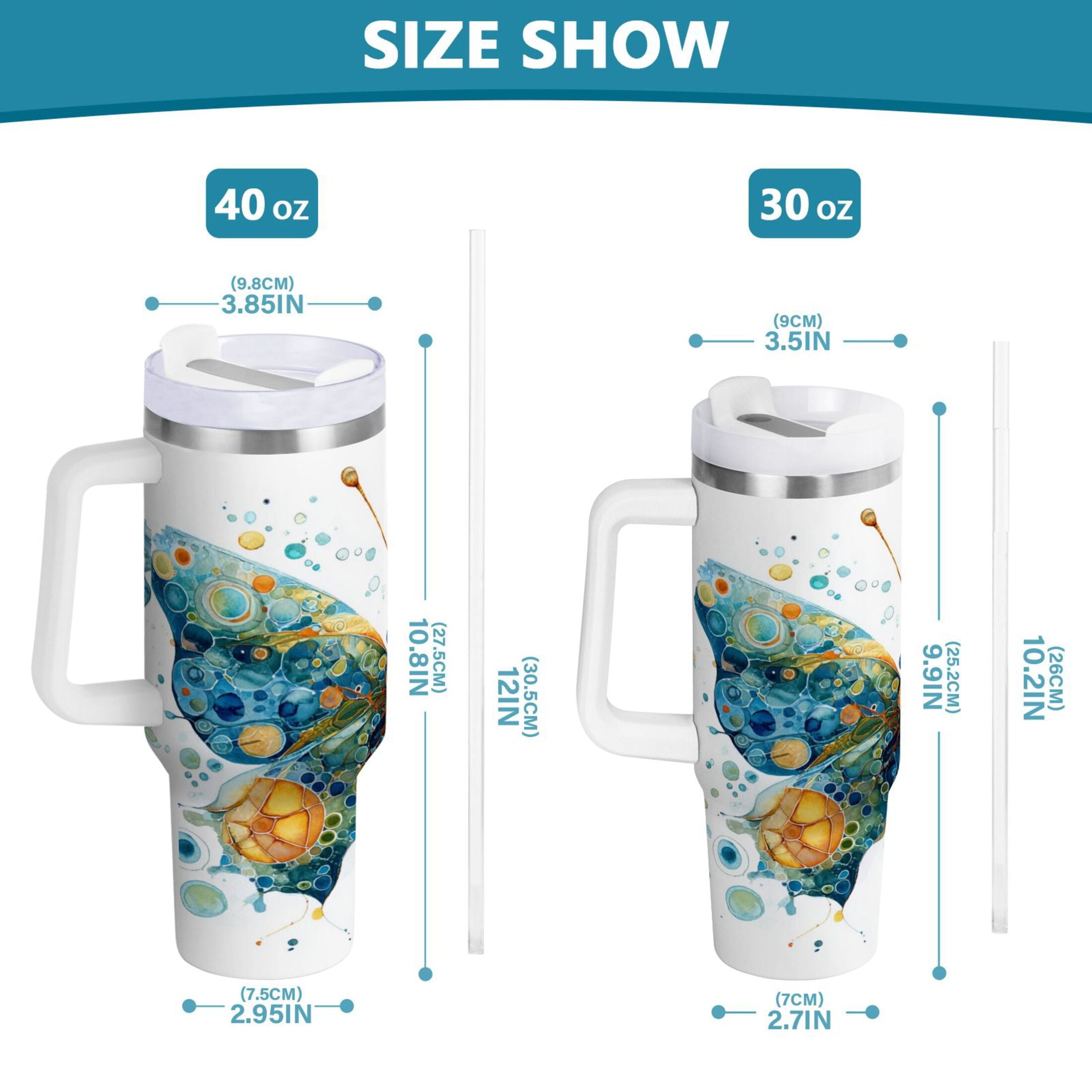 40 oz Insulated Stainless Steel Tumbler Double Wall Stainless Steel Tumbler with 2-Way Drinking Intricately Butterfly | UX83