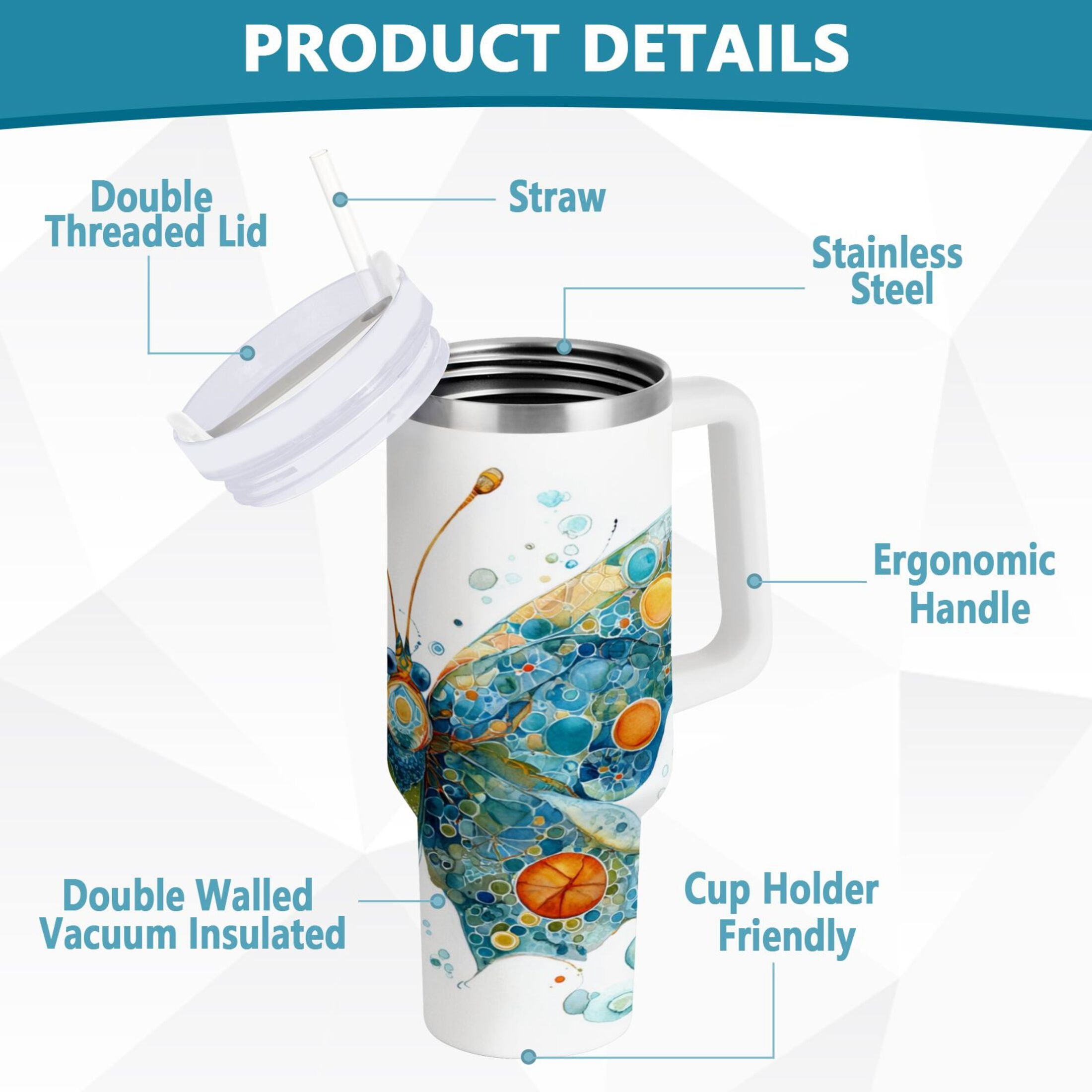 40 oz Insulated Stainless Steel Tumbler Double Wall Stainless Steel Tumbler with 2-Way Drinking Intricately Butterfly | UX83