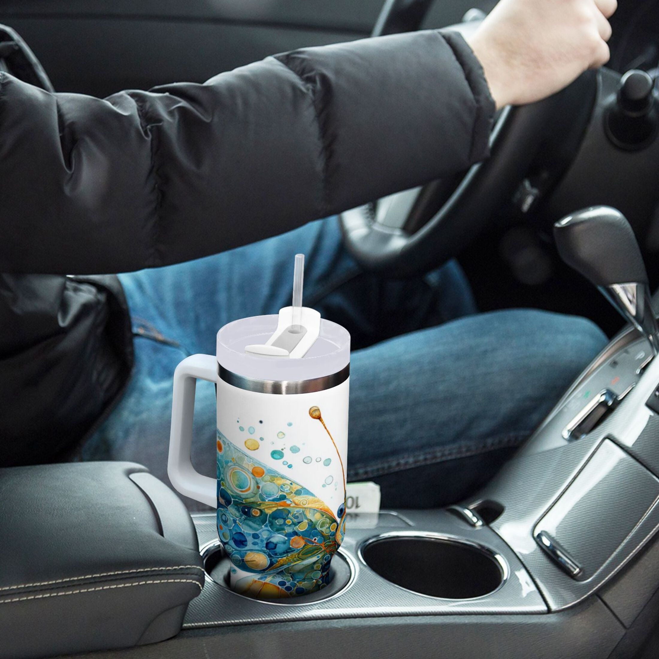 40 oz Insulated Stainless Steel Tumbler Double Wall Stainless Steel Tumbler with 2-Way Drinking Intricately Butterfly | UX83