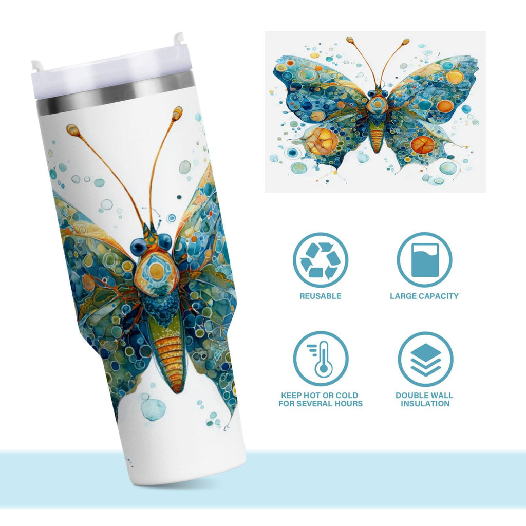 40 oz Insulated Stainless Steel Tumbler Double Wall Stainless Steel Tumbler with 2-Way Drinking Intricately Butterfly | UX83