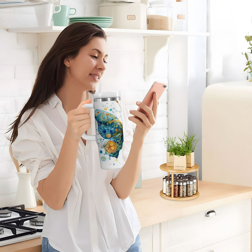 40 oz Insulated Stainless Steel Tumbler Double Wall Stainless Steel Tumbler with 2-Way Drinking Intricately Butterfly | UX83