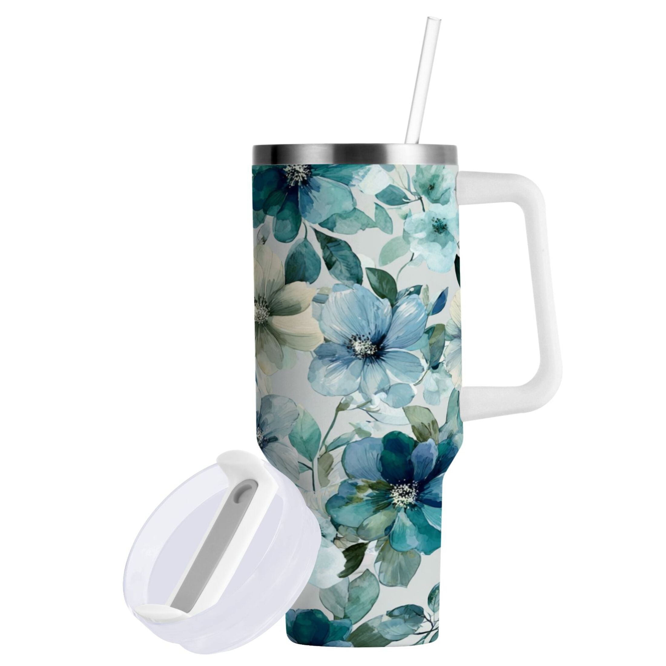 30 oz Insulated Stainless Steel Tumbler Double Wall Stainless Steel Tumbler with 2-Way Drinking Blue and Green Flowers | QS89