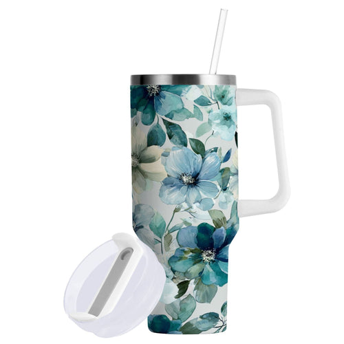 30 oz Insulated Stainless Steel Tumbler Double Wall Stainless Steel Tumbler with 2-Way Drinking Blue and Green Flowers | QS89