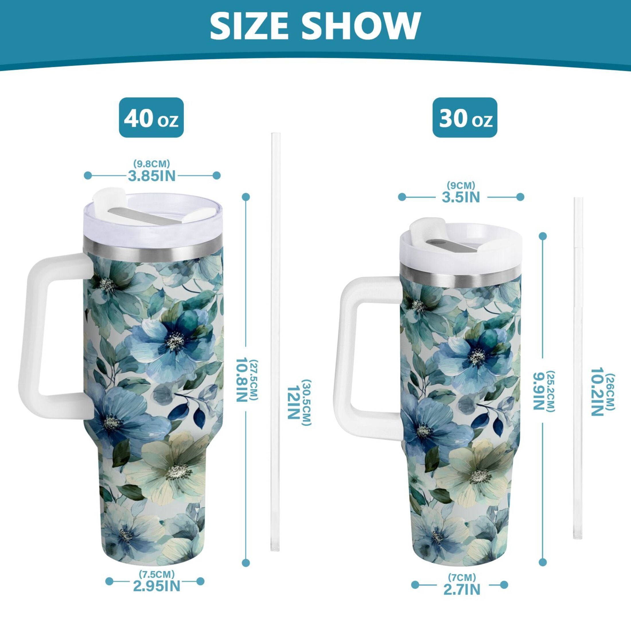 30 oz Insulated Stainless Steel Tumbler Double Wall Stainless Steel Tumbler with 2-Way Drinking Blue and Green Flowers | QS89