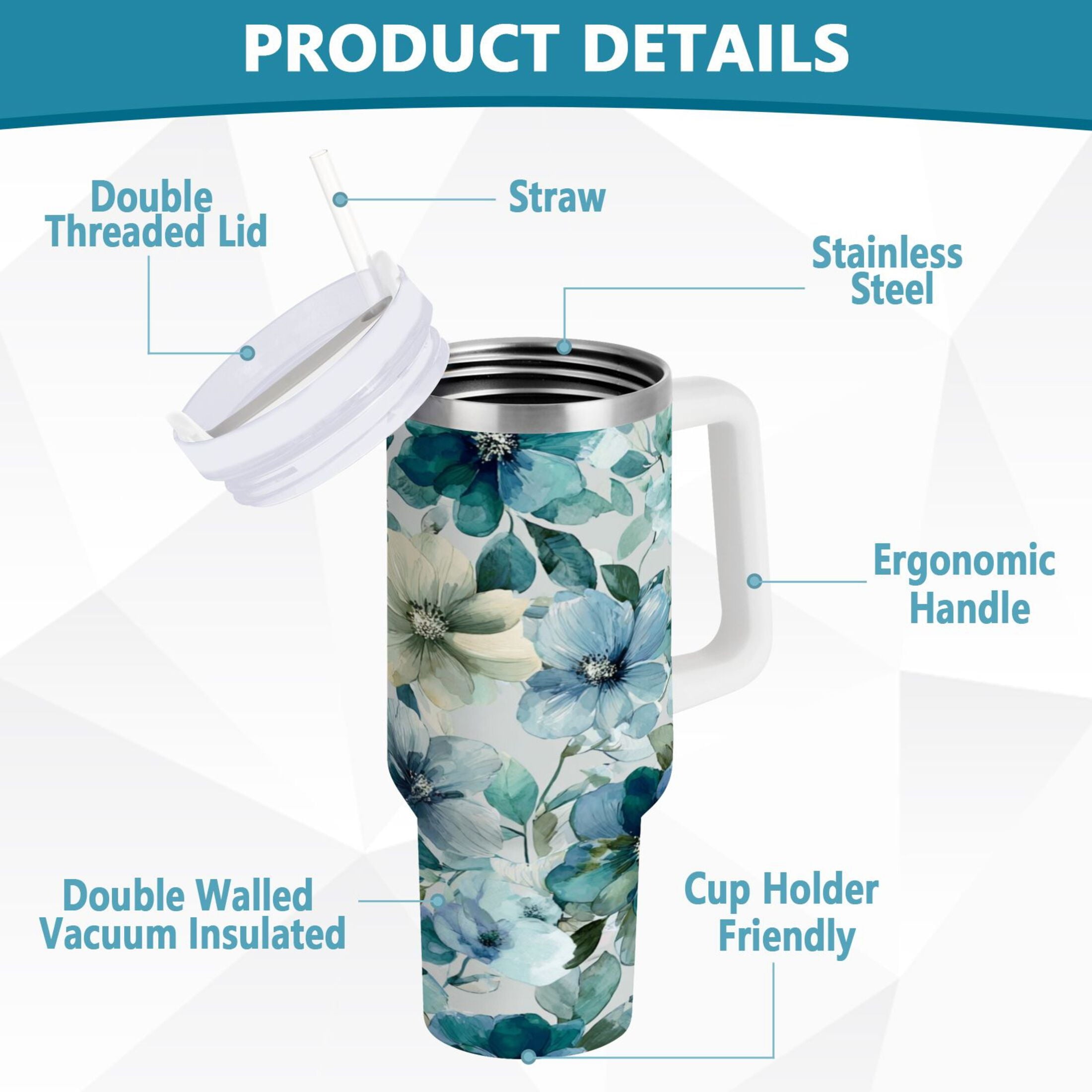 30 oz Insulated Stainless Steel Tumbler Double Wall Stainless Steel Tumbler with 2-Way Drinking Blue and Green Flowers | QS89