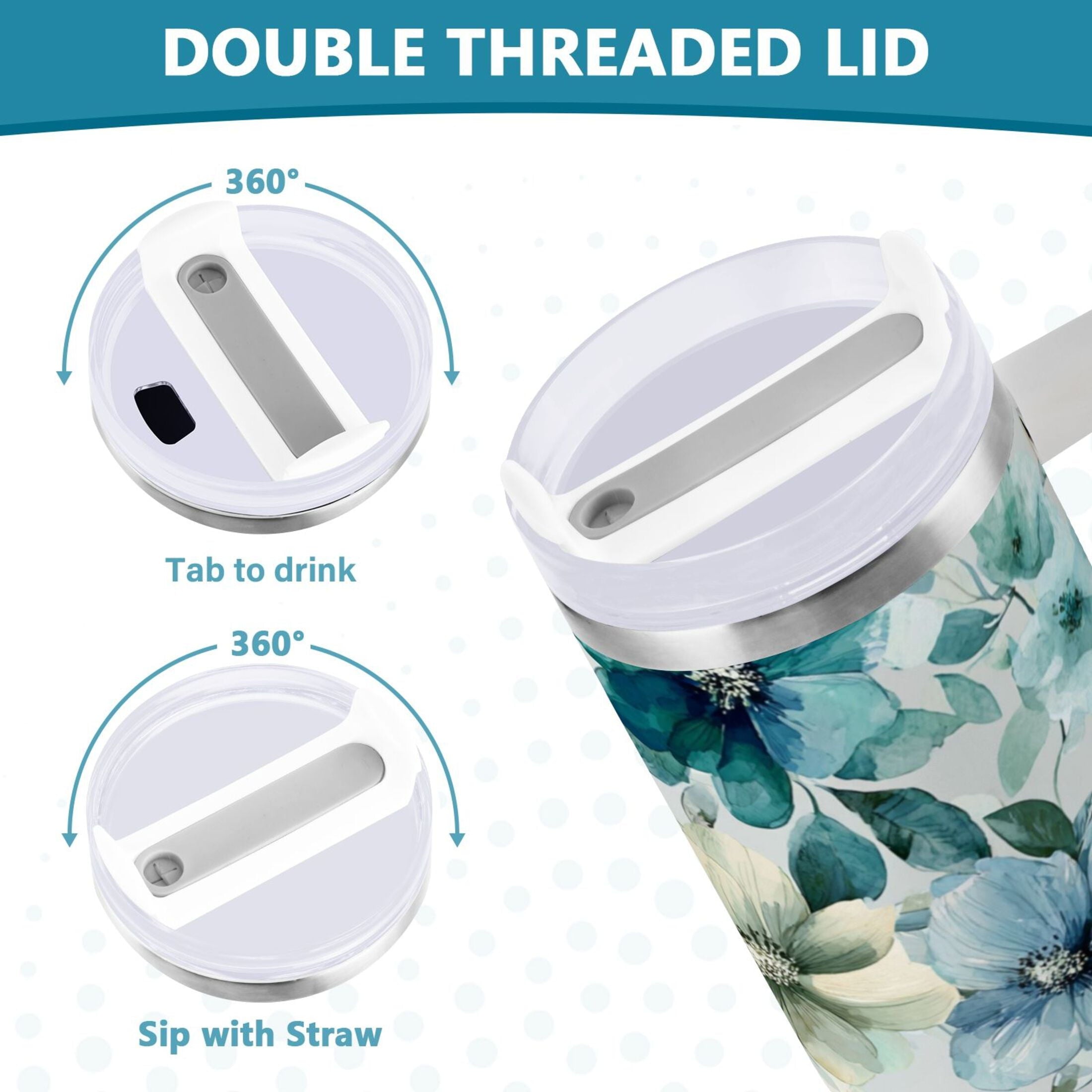 30 oz Insulated Stainless Steel Tumbler Double Wall Stainless Steel Tumbler with 2-Way Drinking Blue and Green Flowers | QS89