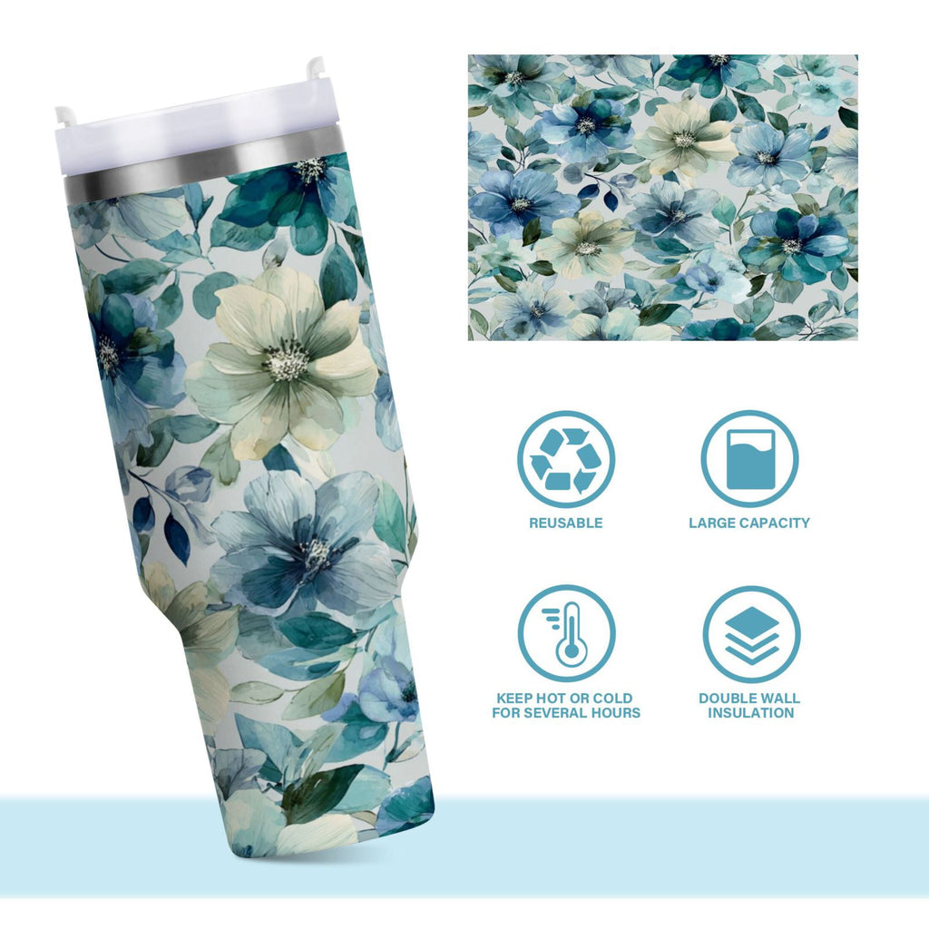 30 oz Insulated Stainless Steel Tumbler Double Wall Stainless Steel Tumbler with 2-Way Drinking Blue and Green Flowers | QS89