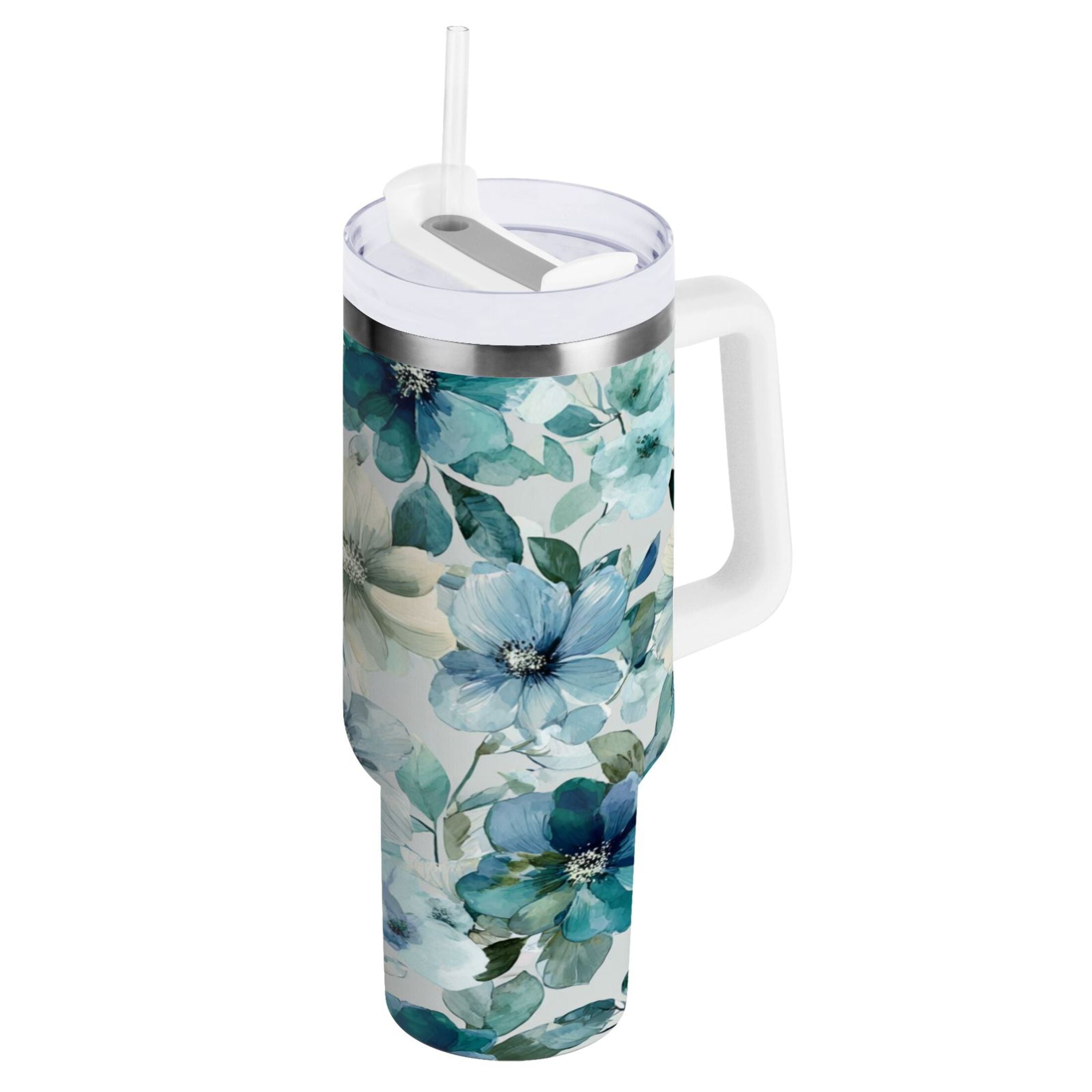 30 oz Insulated Stainless Steel Tumbler Double Wall Stainless Steel Tumbler with 2-Way Drinking Blue and Green Flowers | QS89