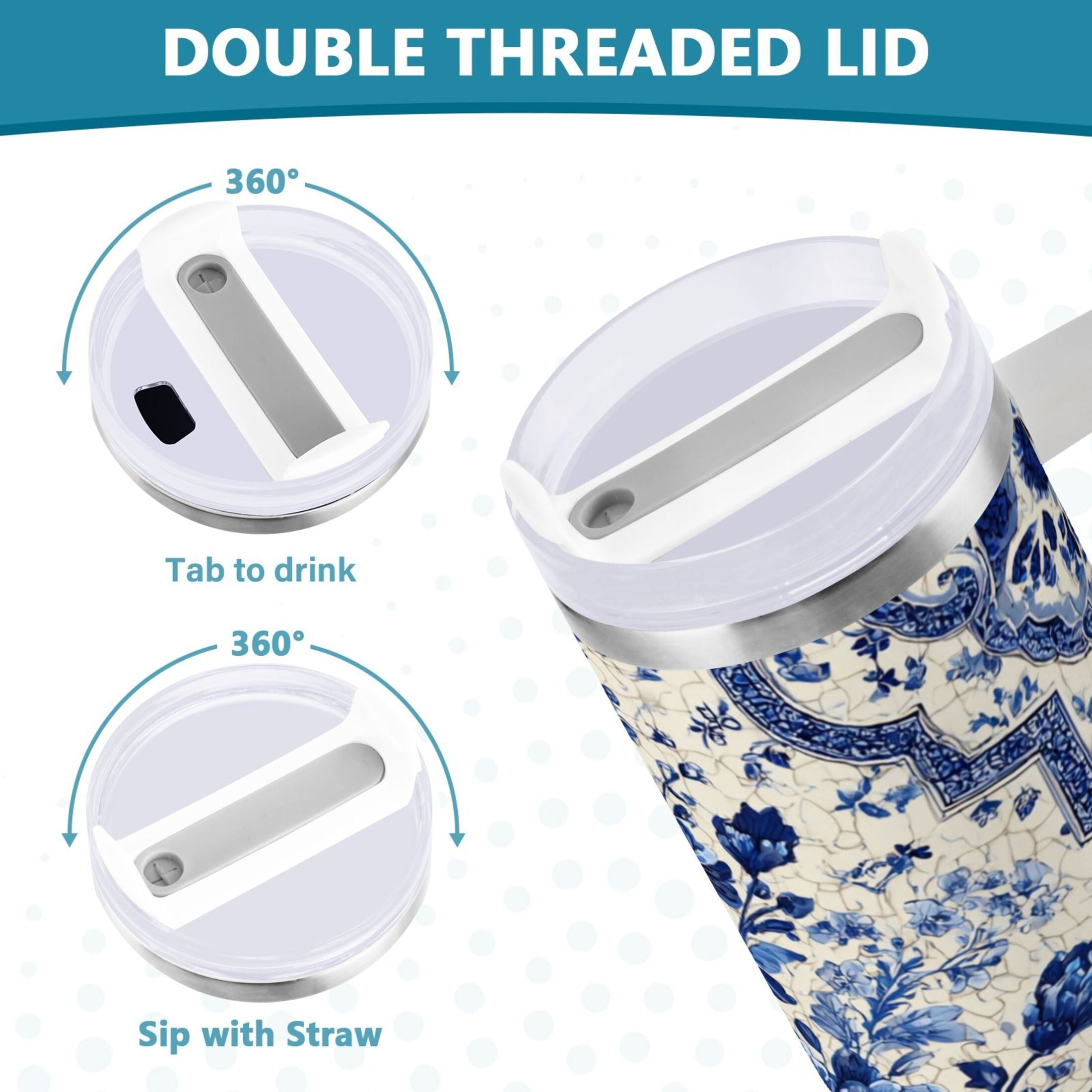 30 oz Insulated Stainless Steel Tumbler Double Wall Stainless Steel Tumbler with 2-Way Drinking Blue and White Porcelain-style | DKXU