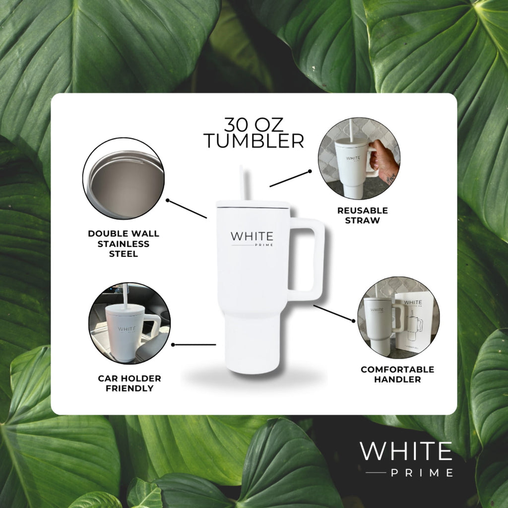 Tumbler 30 oz – Stainless Steel Cup with Handle and Lid | White Prime | R26H