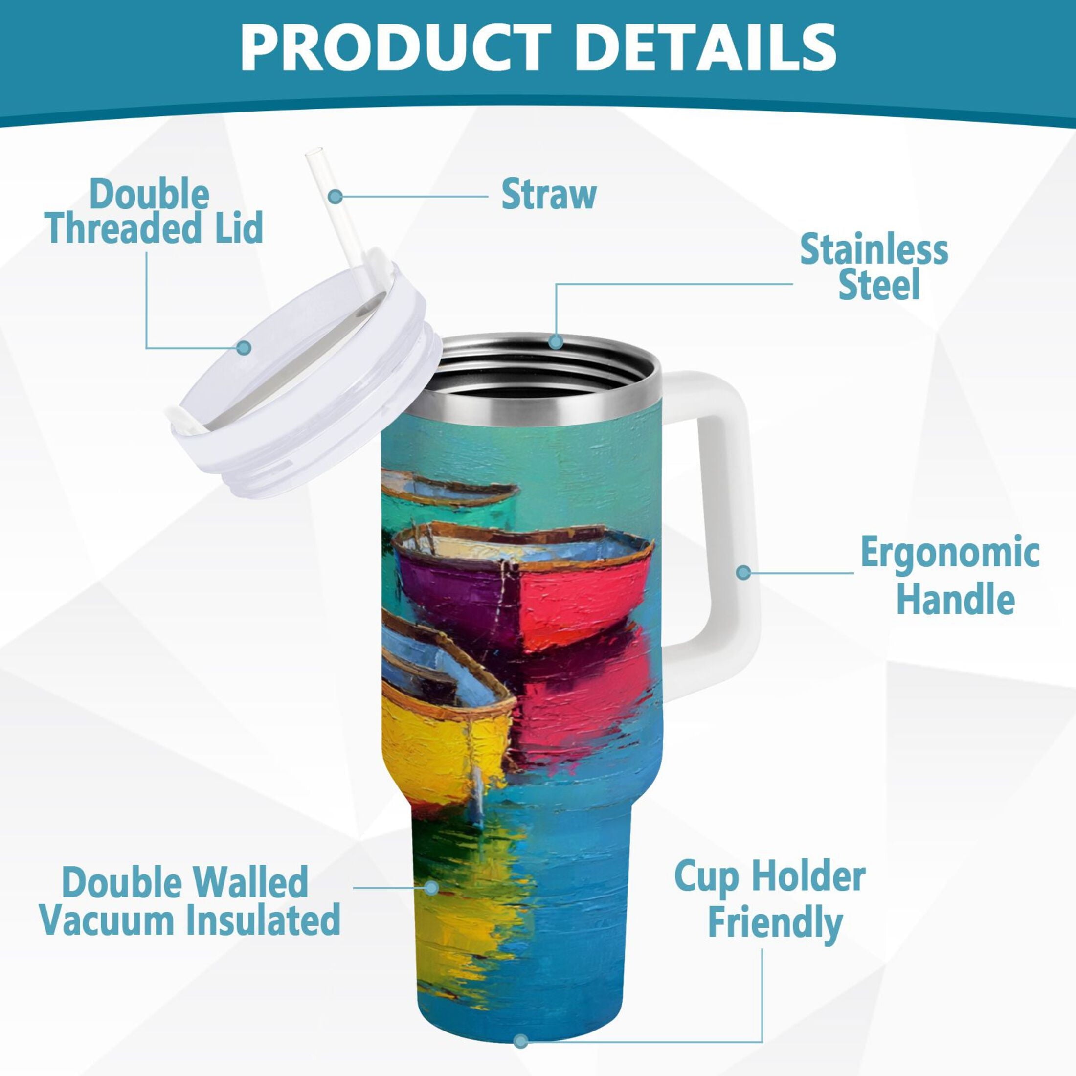 30 oz Insulated Stainless Steel Tumbler Double Wall Stainless Steel Tumbler with 2-Way Drinking Colorful Row Boats | LKCM