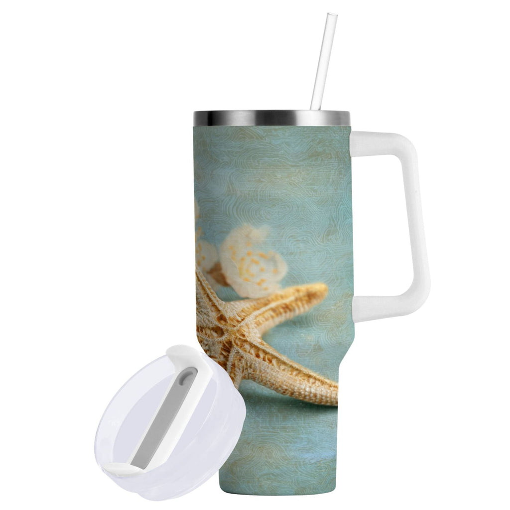 30 oz Insulated Stainless Steel Tumbler Double Wall Stainless Steel Tumbler with 2-Way Drinking Starfish with Flowers | DA95
