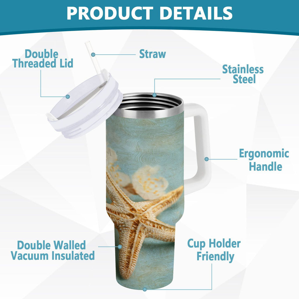 30 oz Insulated Stainless Steel Tumbler Double Wall Stainless Steel Tumbler with 2-Way Drinking Starfish with Flowers | DA95