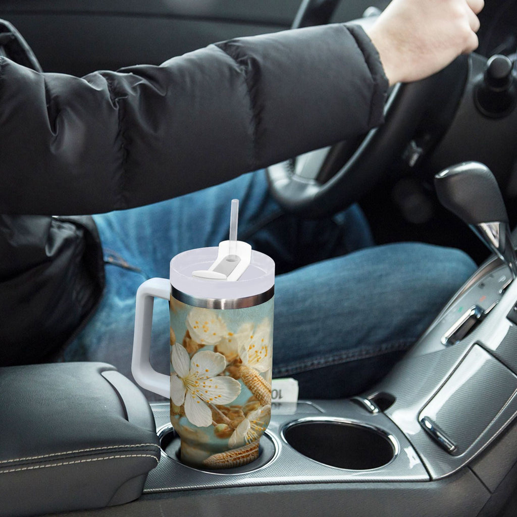 30 oz Insulated Stainless Steel Tumbler Double Wall Stainless Steel Tumbler with 2-Way Drinking Starfish with Flowers | DA95
