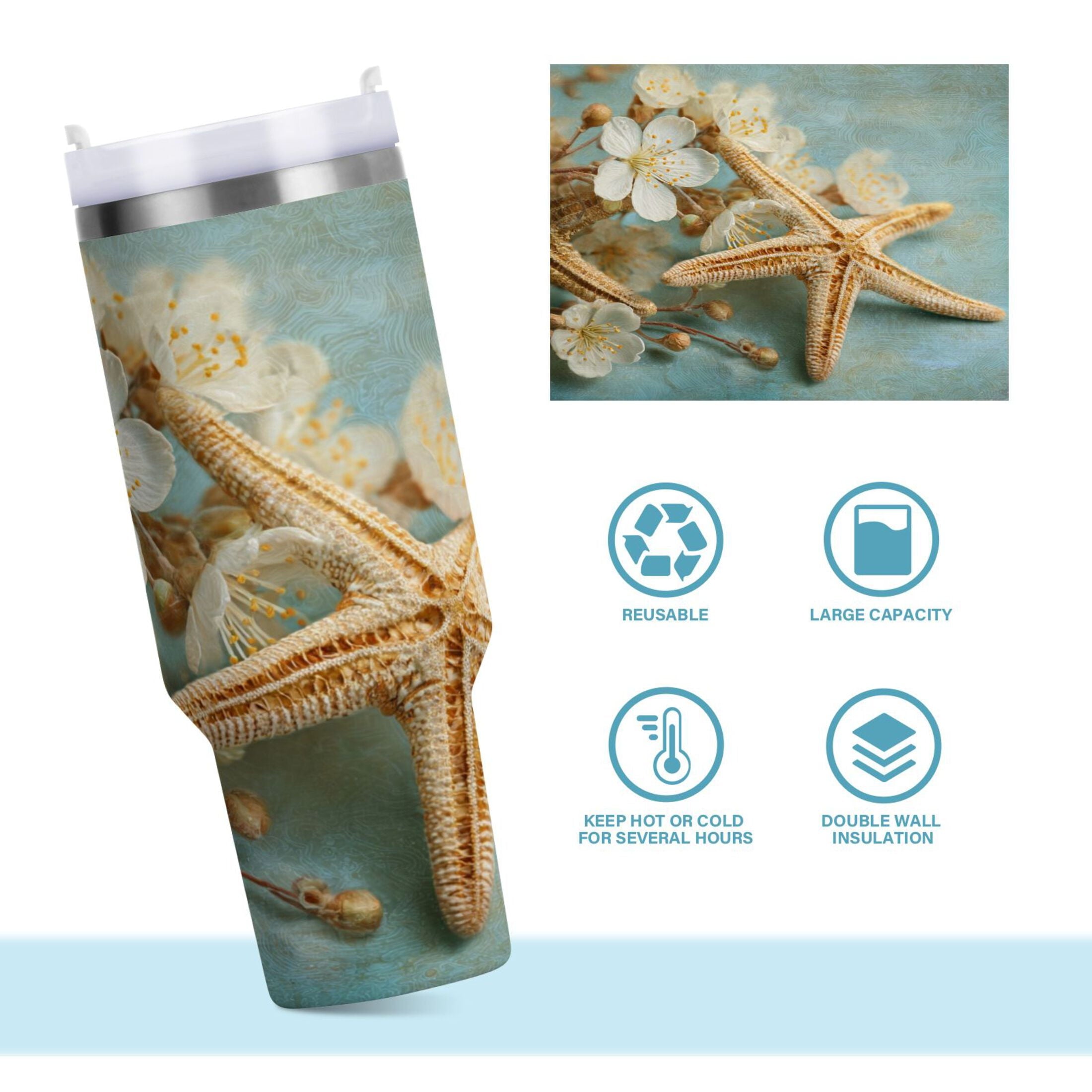 30 oz Insulated Stainless Steel Tumbler Double Wall Stainless Steel Tumbler with 2-Way Drinking Starfish with Flowers | DA95