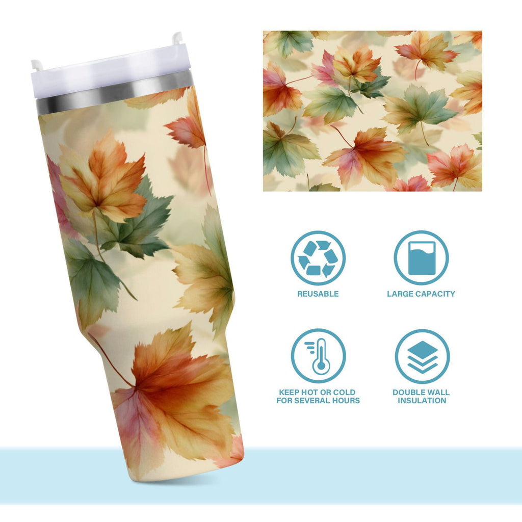 40 oz Insulated Stainless Steel Tumbler Double Wall Stainless Steel Tumbler with 2-Way Drinking Watercolor Maple Leaves Pattern | YGNH