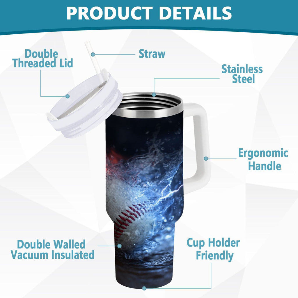 40 oz Insulated Stainless Steel Tumbler Double Wall Stainless Steel Tumbler with 2-Way Drinking Baseball with Water and Fire | Q6BL