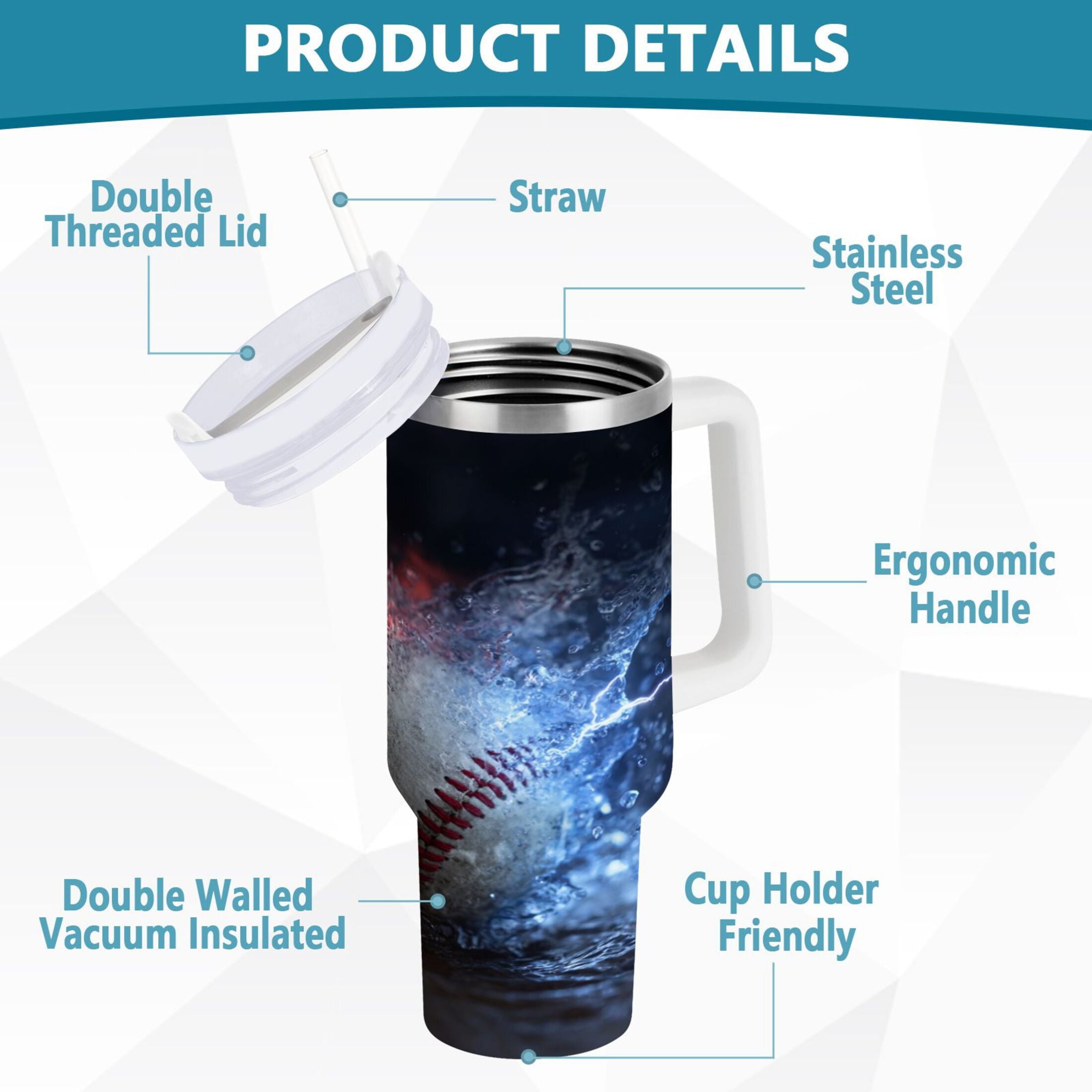 40 oz Insulated Stainless Steel Tumbler Double Wall Stainless Steel Tumbler with 2-Way Drinking Baseball with Water and Fire | Q6BL